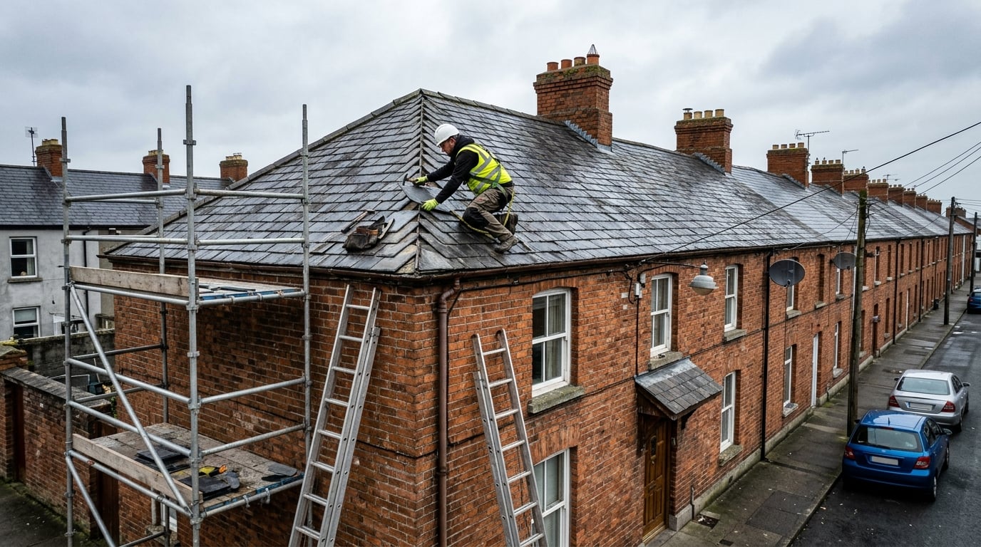 Roofer working on a slate roof